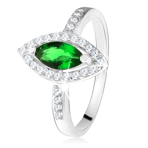 Lesklý prsten - stříbro 925, zrnkovitý zelený kámen s lemem, čiré zirkonky - Velikost: 54
