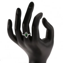 Lesklý prsten - stříbro 925, zrnkovitý zelený kámen s lemem, čiré zirkonky