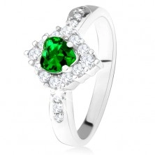 Prsten se zeleným srdcovým zirkonem, čirý kosočtverec, stříbro 925