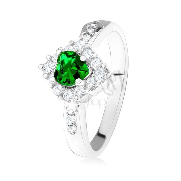 Prsten se zeleným srdcovým zirkonem, čirý kosočtverec, stříbro 925