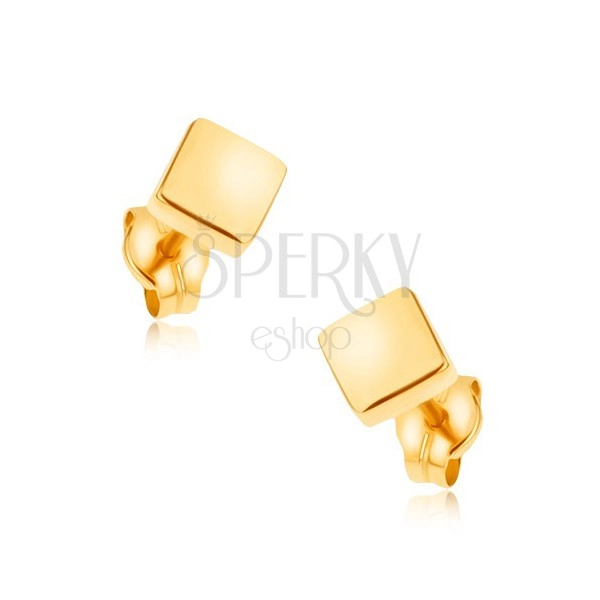 Puzetové náušnice ve žlutém 9K zlatě - blyštivé čtverce, hladký povrch