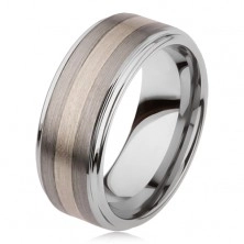 Lesklý prsten z karbidu wolframu s matným povrchem, dvoubarevný proužkovaný motiv