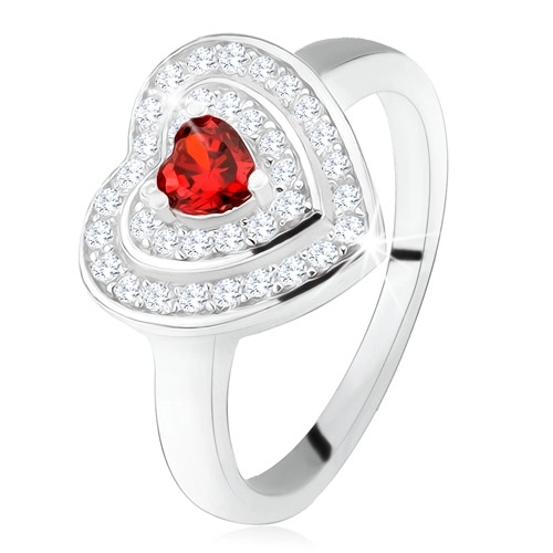 Prsten s červeným zirkonovým srdíčkem, čiré zirkony - obrysy srdcí, stříbro 925 - Velikost: 60
