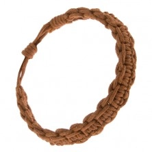 Karamelově hnědý náramek ze šňůrek, pletený, úzký pás a vlny na okrajích