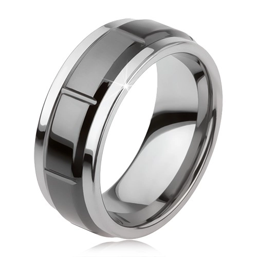 Wolframový prsten se zářezy, stříbrná barva, lesklý černý povrch - Velikost: 57