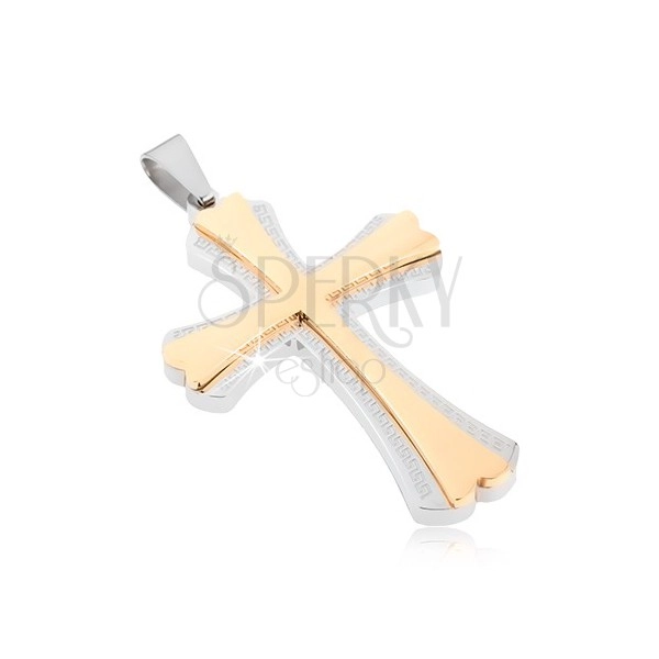 Ocelový přívěsek - kříž stříbrné barvy a menší kříž zlaté barvy, řecký klíč
