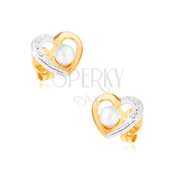 Zlaté rhodiované náušnice 375 - dvoubarevný obrys srdce, bílá perlička