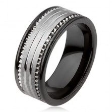 Wolframový keramický černý prsten se stříbrným povrchem a proužky