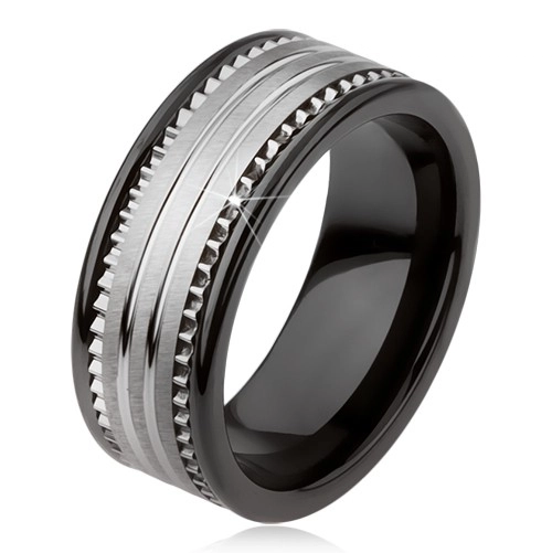 Wolframový keramický černý prsten se stříbrným povrchem a proužky - Velikost: 51