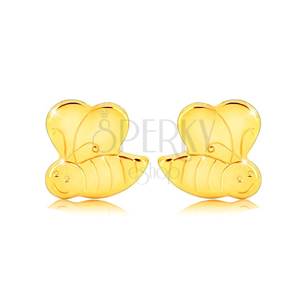 Náušnice ve žlutém 9K zlatě - blyštivá ozdobně gravírovaná včelka