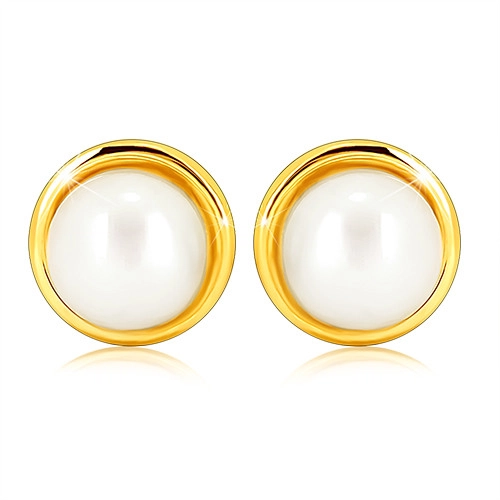 Náušnice ze žlutého 9K zlata - bílá kulatá sladkovodní perlička, tenký prstenec