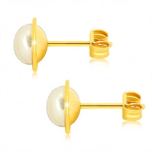 Náušnice ze žlutého 9K zlata - bílá kulatá sladkovodní perlička, tenký prstenec