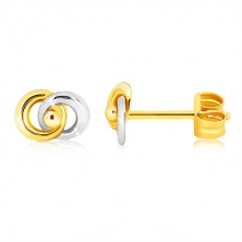 Rhodiované dvoubarevné náušnice v 9K zlatě - dva propojené prstence