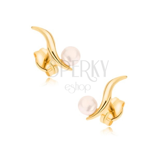 Zlaté náušnice 375 - lesklá tenká zvlněná linie, bílá perla