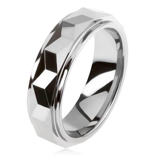 Wolframový prsten stříbrné barvy, geometricky broušený vyvýšený pás - Velikost: 55