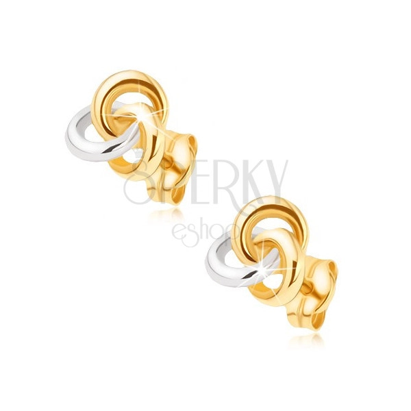 Zlaté rhodiované náušnice 375 - dvoubarevný uzel ze tří obrouček