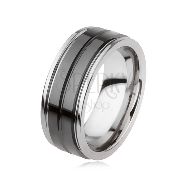 Wolframový prsten s lesklým černým povrchem a zářezem, stříbrná barva