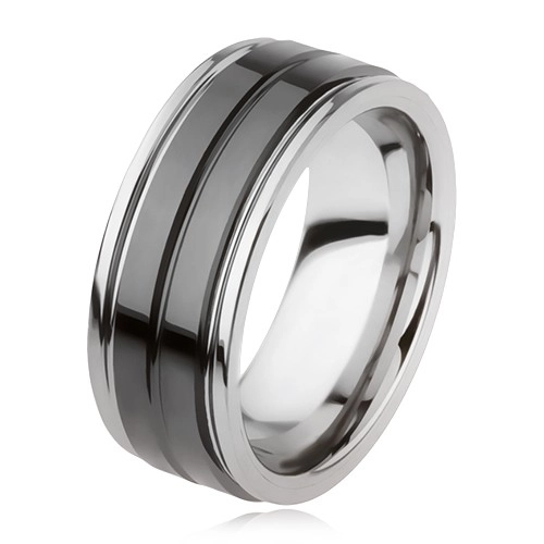 Wolframový prsten s lesklým černým povrchem a zářezem, stříbrná barva - Velikost: 49