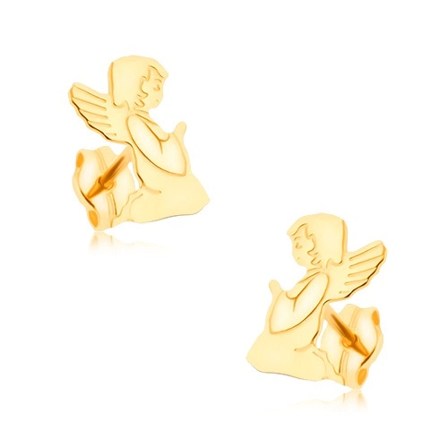 Zlaté náušnice 375 - gravírovaný modlící se andílek, zrcadlový lesk