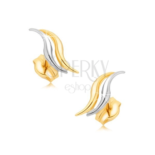 Rhodiované náušnice z 9K zlata - dvě dvoubarevné blyštivé vlnky