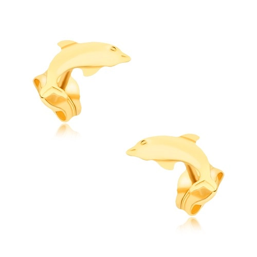Náušnice ve žlutém 9K zlatě - plochý blyštivý skákající delfín