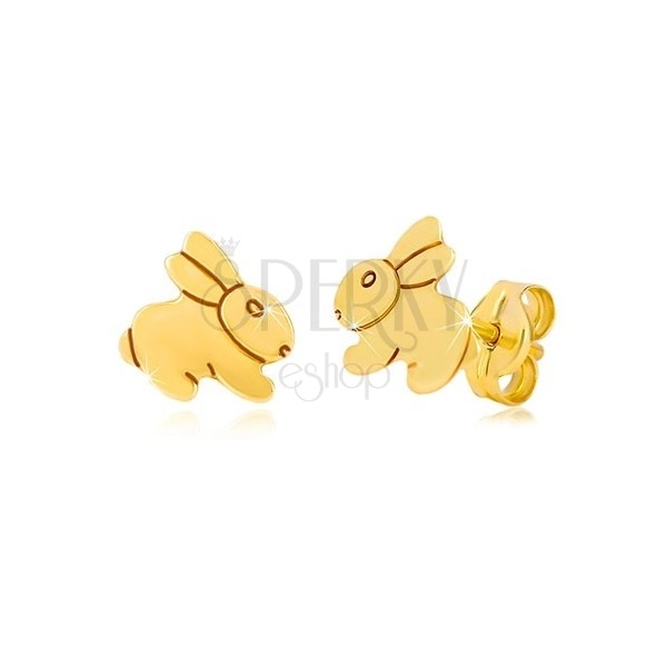 Náušnice ze žlutého 9K zlata - zrcadlově lesklý skákající zajíček