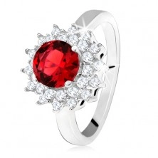 Prsten s červeným kulatým kamenem a čirými zirkonky, sluníčko, stříbro 925