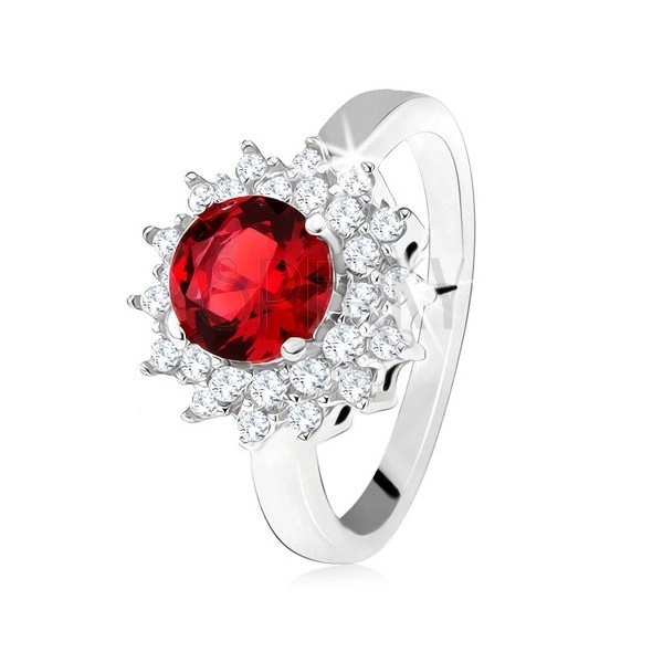 Prsten s červeným kulatým kamenem a čirými zirkonky, sluníčko, stříbro 925