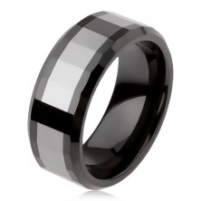 Lesklý wolframový prsten, dvoubarevný, geometricky broušený povrch