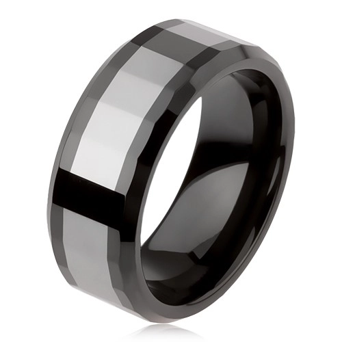 Lesklý wolframový prsten, dvoubarevný, geometricky broušený povrch - Velikost: 57