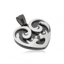 Přívěsek z oceli, srdce s ornamenty v černé a stříbrné barvě, zirkony