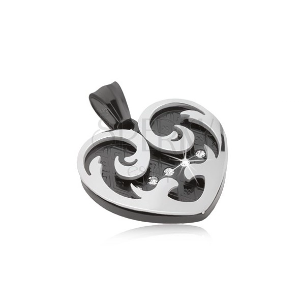 Přívěsek z oceli, srdce s ornamenty v černé a stříbrné barvě, zirkony