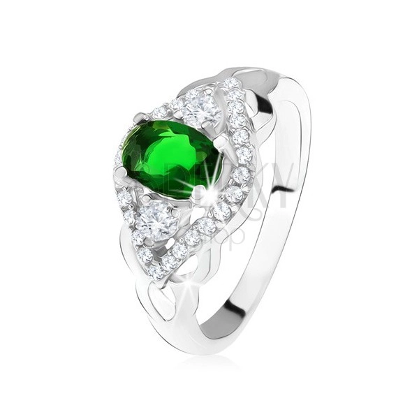 Stříbrný prsten 925, tmavě zelený kámen, lem z čirých zirkonů, tvar oka