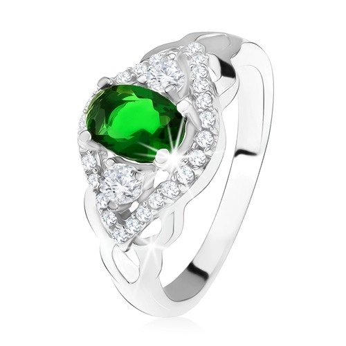 Stříbrný prsten 925, tmavě zelený kámen, lem z čirých zirkonů, tvar oka - Velikost: 55