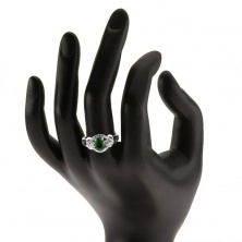 Stříbrný prsten 925, tmavě zelený kámen, lem z čirých zirkonů, tvar oka