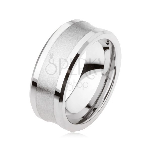 Wolframový prsten stříbrné barvy, matný středový pás, lesklé vystupující okraje