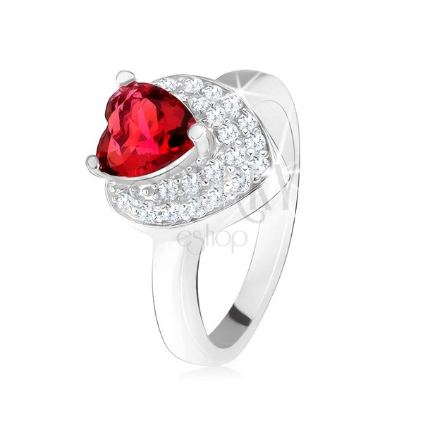 Prsten s vystupujícím srdíčkovitým červeným zirkonem, dvojité srdce, stříbro 925