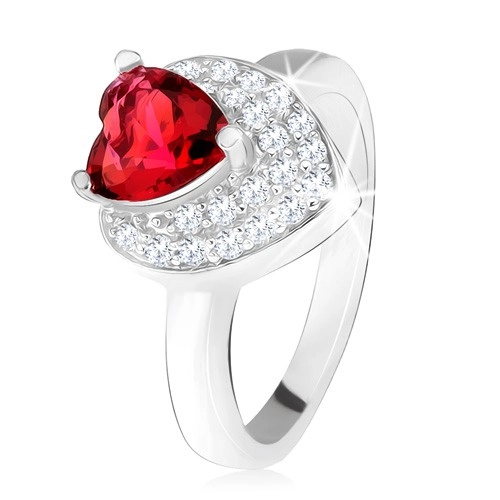 Prsten s vystupujícím srdíčkovitým červeným zirkonem, dvojité srdce, stříbro 925 - Velikost: 60