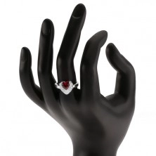 Prsten s vystupujícím srdíčkovitým červeným zirkonem, dvojité srdce, stříbro 925