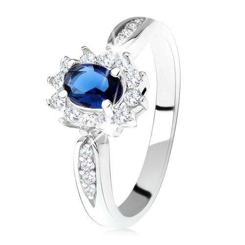 Zásnubní prsten ze stříbra 925, tmavě modrý oválný zirkon, čirý lem - Velikost: 55