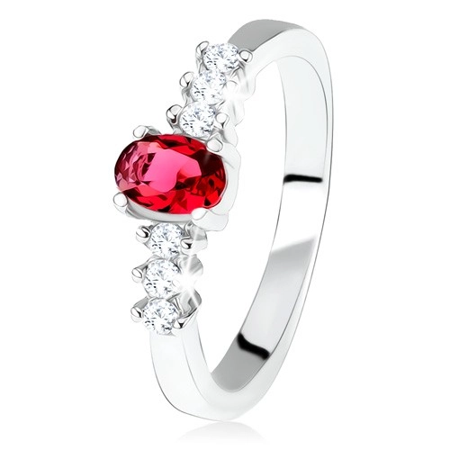 Stříbrný zásnubní prsten 925, oválný červený kamínek, čiré zirkony - Velikost: 59