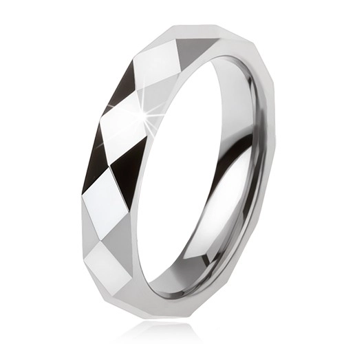 Wolframový prsten ocelově šedé barvy, geometricky broušený povrch - Velikost: 49