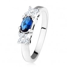 Lesklý prsten - stříbro 925, tmavě modrý oválný zirkon, čtyřlístek, čiré kamínky
