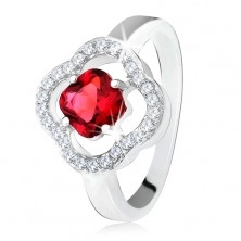 Stříbrný prsten 925, broušený červený kámen, čiré zirkony, květ