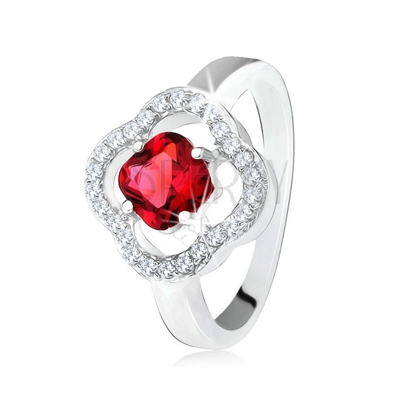 Stříbrný prsten 925, broušený červený kámen, čiré zirkony, květ