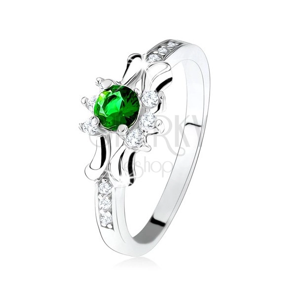 Prsten - stříbro 925, zelený kulatý zirkon, tři čiré kamínky, ozdobená ramena