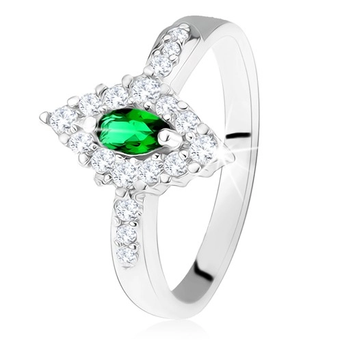 Stříbrný prsten 925, kosočtverec s tmavě zeleným očkem a čirým lemem - Velikost: 50