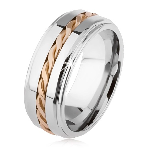 Lesklý wolframový prsten, postříbřený, vyvýšená středová část, pletený vzor - Velikost: 55