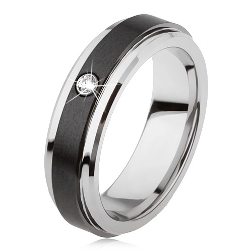 Wolframový prsten stříbrné barvy, černý keramický pás, zirkon - Velikost: 49