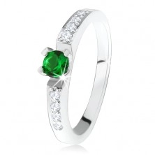 Stříbrný zásnubní prsten 925, kulatý zelený kamínek, linie čirých zirkonů